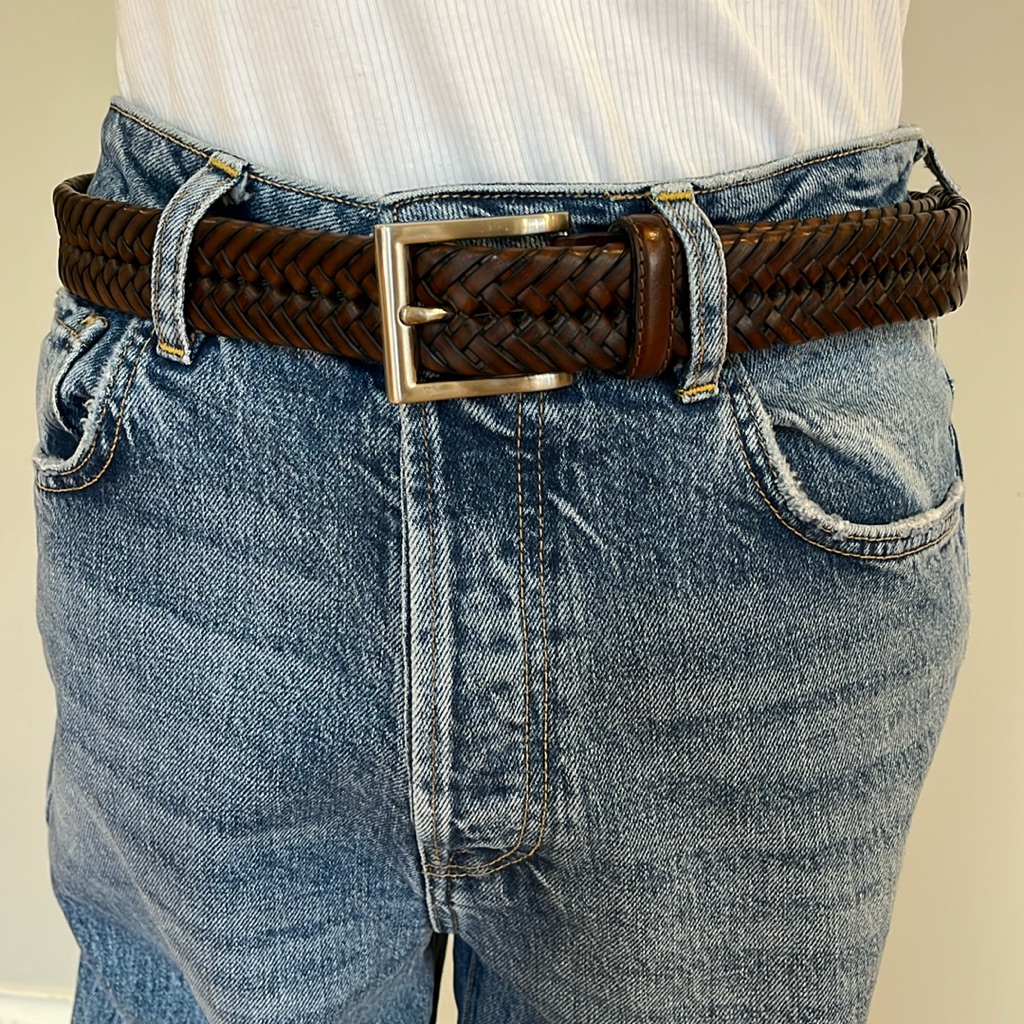 Brown Woven Leather Belt With Silver Buckle Size 38